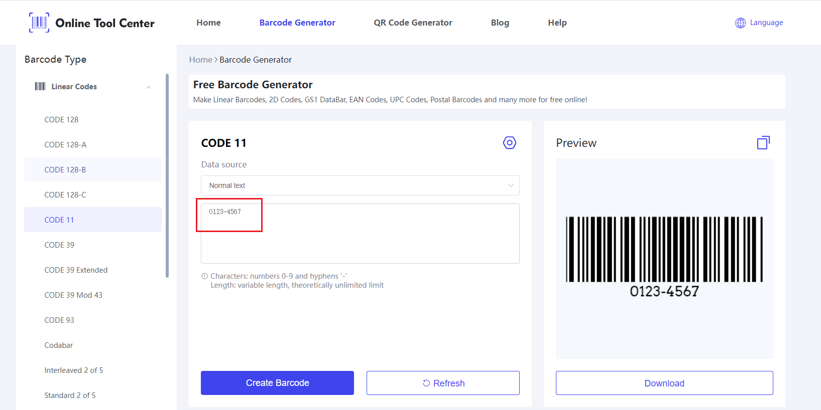 Уводныя дадзеныя для генерацыі кода 11 Barcode.png