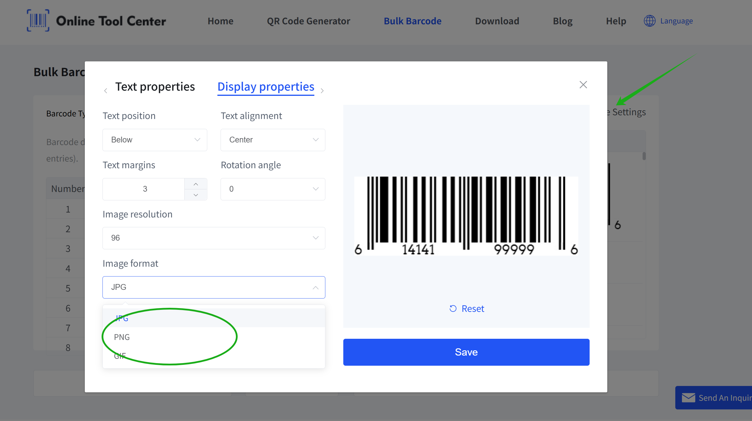 choose barcode image format выбраць фармат малюнка штрых-кода